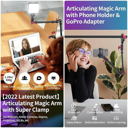 22" Magic Arm Camera Mount, Articulating Arm Tripod Clamp w Thread Adapter, Friction Camera Boom Arm, Overhead Desk Mount Clamp Stand for Phone, Webcam, Mic, Video Rig, Tripod Light