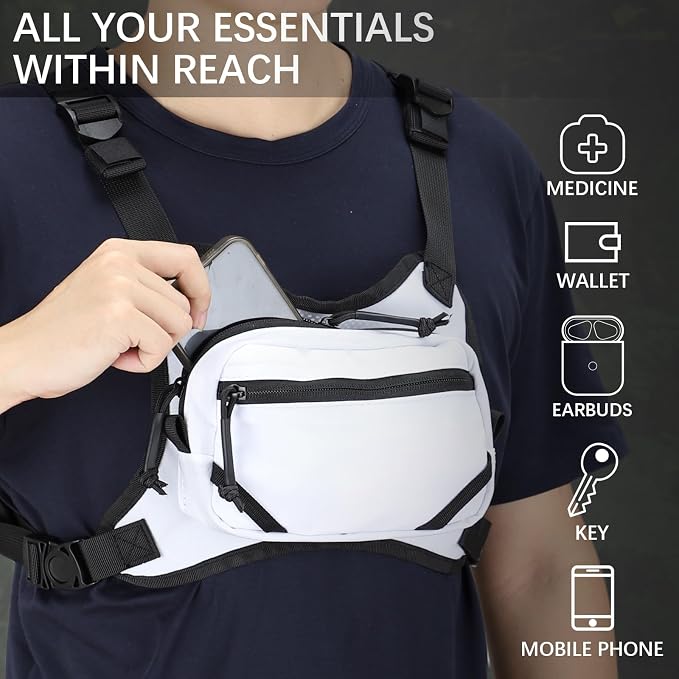 MGFLASHFORCE Chest Bag for Men and Women, Chest Rig Pack Front EDC Pouch Running Vest Phone Holder for Workout, Hiking and Outdoor Sports (White)
