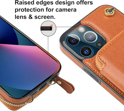 Bocasal Crossbody Wallet Case for iPhone 13 Pro Max, RFID Blocking Leather Purse Case with Card Holder, Protective Handbag Flip Cover with Zipper Wrist Strap Lanyard for Women 5G 6.7 Inch (Brown)