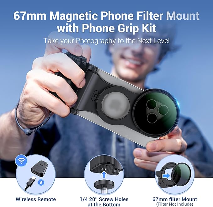 KIWIFOTOS Magnetic Phone Camera Grip with 67mm Camera Lens Filter Adapter for iPhone 17 16 15 14 Pro Max Photography UV ND CPL Phone Lens Adapter(67mm Filters not Included)