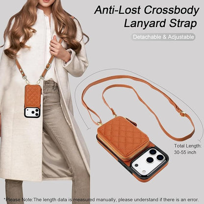 Bocasal Crossbody Wallet Case for iPhone 17 Pro, RFID Blocking PU Leather Zipper Handbag Purse Flip Cover, Kickstand Folio Case with Card Slots Holder Wrist Strap Lanyard 5G 6.3 Inch (Brown)