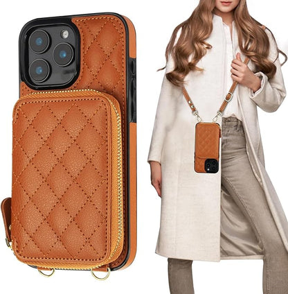 Bocasal Crossbody Wallet Case for iPhone 16 Pro Max, RFID Blocking PU Leather Zipper Handbag Purse Flip Cover, Kickstand Folio Case with Card Slots Holder Wrist Strap Lanyard 5G 6.9 Inch (Brown)