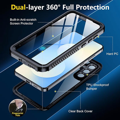 SPIDERCASE Designed for Samsung Galaxy S25 FE Case Waterproof,Built-in Screen & Camera Lens Protector[IP68 Underwater][Military Grade Shockproof] Full Body Protection Phone Case, Black/Clear