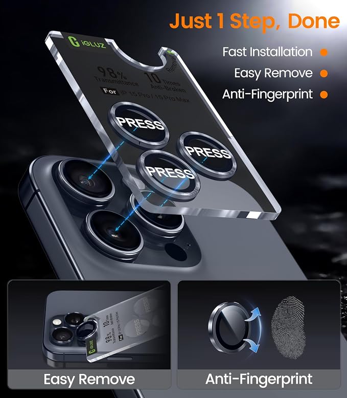 iGluz 2 Pack Anti-Reflection Camera Lens Protector for iPhone 15 Pro/iPhone 15 Pro Max [Anti-fog Coating][1-Step Installation Tray][Strong Adsorption] 9H Shatterproof Tempered Glass-Blue Titanium