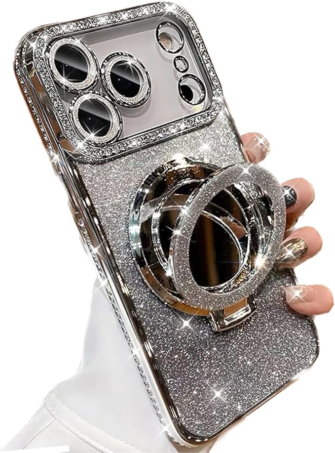 for iPhone 17 Pro Magnetic Kickstand Case, [Compatible with Magsafe] Shockproof Glitter Cute Bling Cover Makeup Mirror Ring Holder Camera Protector for Girls Woman for iPhone 17 Pro, Silver
