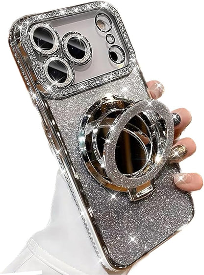 for iPhone 17 Pro Magnetic Kickstand Case, [Compatible with Magsafe] Shockproof Glitter Cute Bling Cover Makeup Mirror Ring Holder Camera Protector for Girls Woman for iPhone 17 Pro, Silver