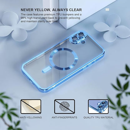 Misea Magnetic for iPhone 16 Plus Case Compatible with MagSafe [Never Yellowing] [Military Grade Drop Protection] Full Camera Lens Protector Plating Soft Clear Phone Case for Women 6.7", Sierra Blue