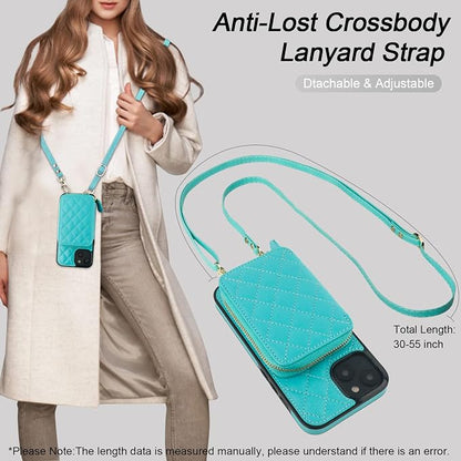 Bocasal Crossbody Wallet Case for iPhone 14 Plus, RFID Blocking PU Leather Zipper Handbag Purse Flip Cover, Kickstand Folio Case with Card Slots Holder Wrist Strap Lanyard 5G 6.7 Inch (Mint Green)