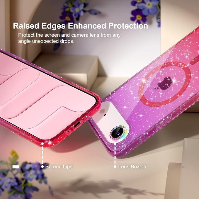 Choiche Magnetic for iPhone 17 Air Case Compatible with MagSafe, Women Cute Glitter Sparkly Phone Case with Diamond Camera Lens Protectors, Military-Grade Drop Protection 6.5" (Purple/Pink)