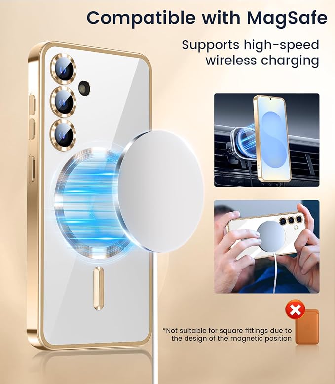Slim Thin for Samsung Galaxy S25 Plus Clear Case, Compatible with MagSafe, Built-in Camera Lens Protector, Shockproof Protective Phone Case, Electroplated Bumper Cover, Gold