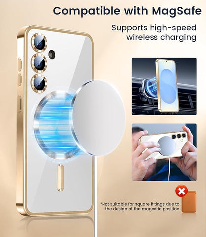 Slim Thin for Samsung Galaxy S25 Plus Clear Case, Compatible with MagSafe, Built-in Camera Lens Protector, Shockproof Protective Phone Case, Electroplated Bumper Cover, Gold