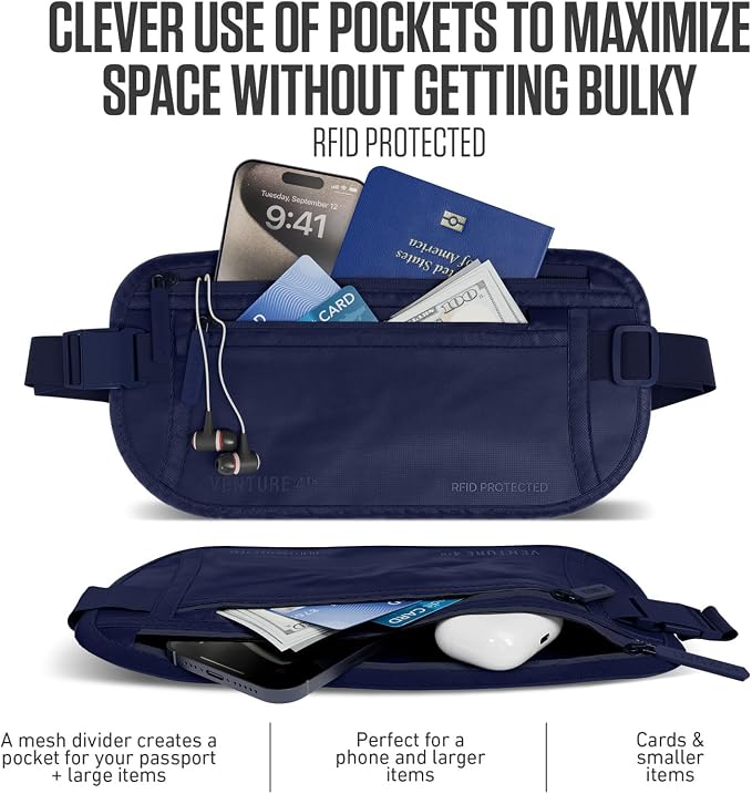 VENTURE 4TH Money Belt for Travel – Hidden Under-Clothes RFID Blocking Passport Holder & Slim Travel Wallet Pouch for Men & Women to Protect Cash, Cards & Documents (Sleek Navy Blue)