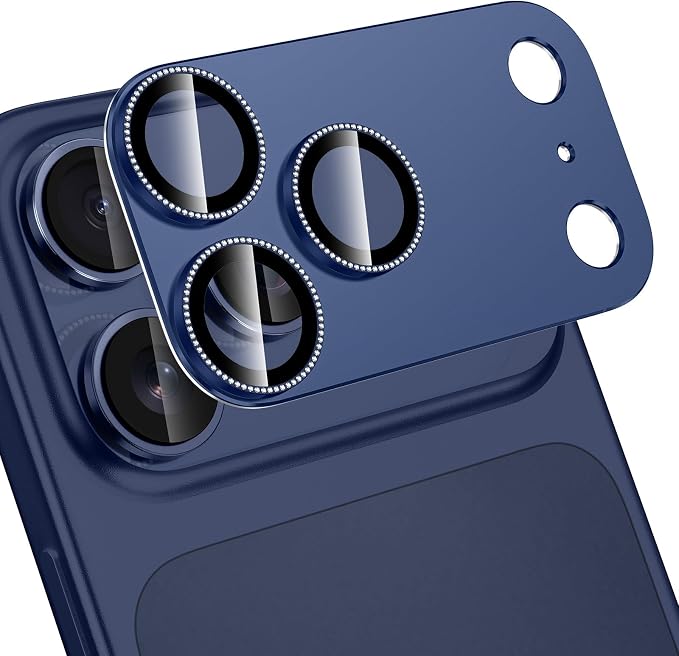 for iPhone 17 Pro Camera Lens Protector, [Military Grade Shatterproof] [Strong Adsorption] [Case Friendly] Full Coverage Metal Aluminum Alloy 9H Tempered Glass Camera Screen Cover, Navy Blue