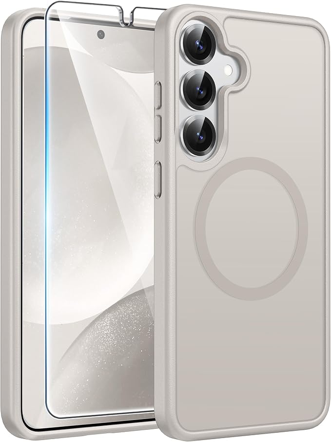 FNTCASE for Samsung Galaxy S25/S24 Case, Fit for Magsafe, Screen Protector | Translucent Matte Magnetic Back, 14FT Military Grade Drop Protection, Shockproof Protective Phone Cover, Off White