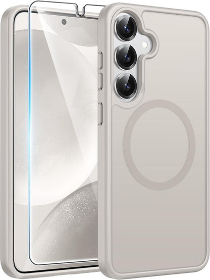 FNTCASE for Samsung Galaxy S25/S24 Case, Fit for Magsafe, Screen Protector | Translucent Matte Magnetic Back, 14FT Military Grade Drop Protection, Shockproof Protective Phone Cover, Off White
