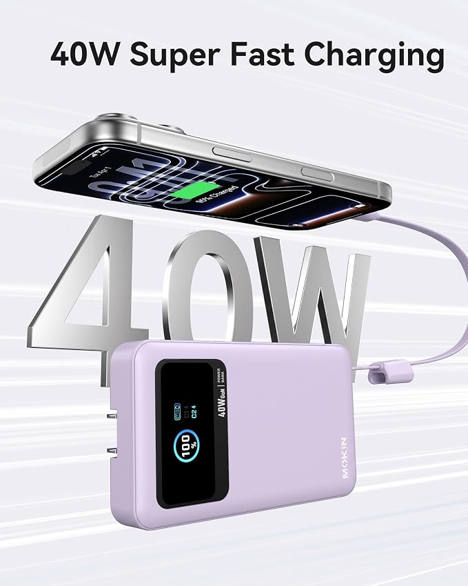 MOKiN 3-in-1 Power Bank,10000mAh 40W Portable Charger with Foldable Plug,Built-in USB-C Cable & LCD Display,Travel Essential Phone Fast Charging Battery Pack,for iPhone 17/16,Samsung etc (Purple)