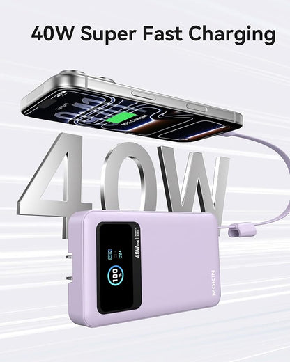 MOKiN 3-in-1 Power Bank,10000mAh 40W Portable Charger with Foldable Plug,Built-in USB-C Cable & LCD Display,Travel Essential Phone Fast Charging Battery Pack,for iPhone 17/16,Samsung etc (Purple)