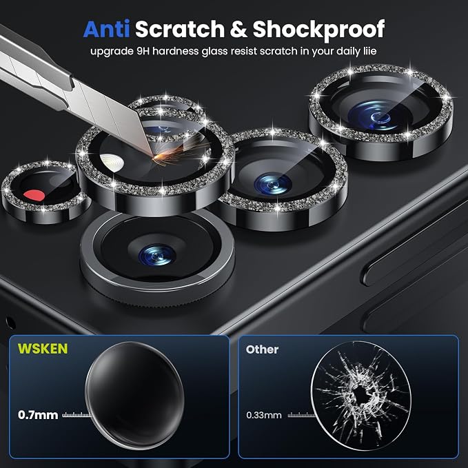 WSKEN for Samsung Galaxy S25 Ultra Camera Lens Protector - Ultra Thin Case Friendly, 9H Shatterproof Tempered Glass with Aluminum Metal Circle Camera Screen Protector Cover Accessories, Glitter Gold