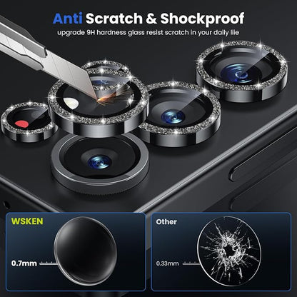 WSKEN for Samsung Galaxy S25 Ultra Camera Lens Protector - Ultra Thin Case Friendly, 9H Shatterproof Tempered Glass with Aluminum Metal Circle Camera Screen Protector Cover Accessories, Glitter Gold