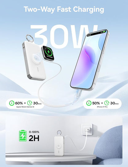RORRY Portable Charger, 12000mAh 30W Fast Charging Power Bank with Built-in Retractable USB C Cable, Battery Pack with Keychain, Travel Essentials for iPhone, Apple Watch, iPad, White
