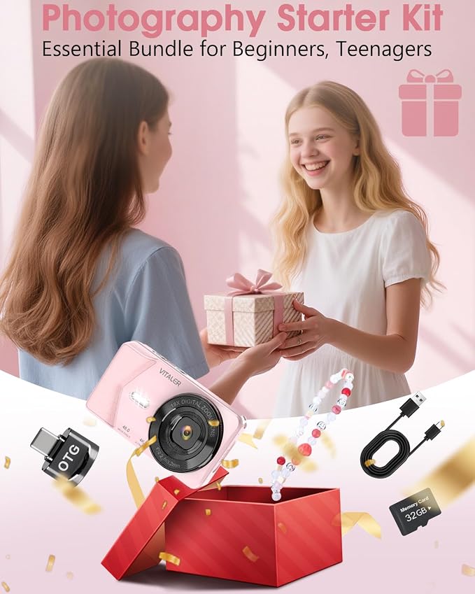 Digital Camera, Autofocus 48MP 4K Camera for Photography with 32GB Card, Portable Compact Point and Shoot Digital Camera for Teens Adult Beginner Kids with Metal Shell, 2000 mAh Battery