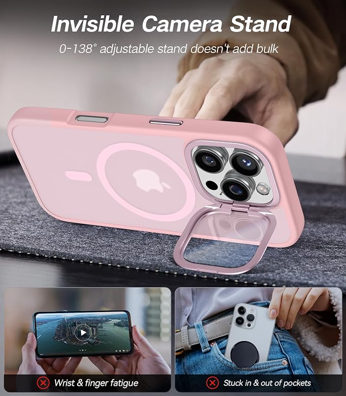 [Upgraded] for iPhone 16 Pro Case with Camera Cover Stand [Fit for MagSafe][9H Camera Lens Protector] Mil-Grade Protection Translucent Matte Magnetic iPhone 16 Pro Phone Case, Pink
