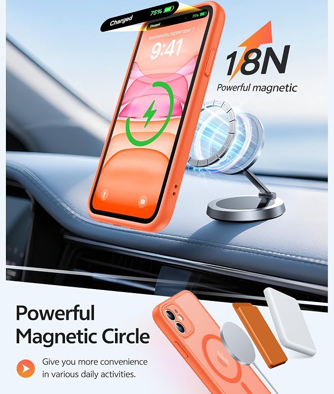 FNTCASE for iPhone 11 Case: [Compatible with Magsafe] Translucent Matte Magnetic Cases [Full Camera Protection] Military Grade Shockproof Protective Phone Cover - Orange
