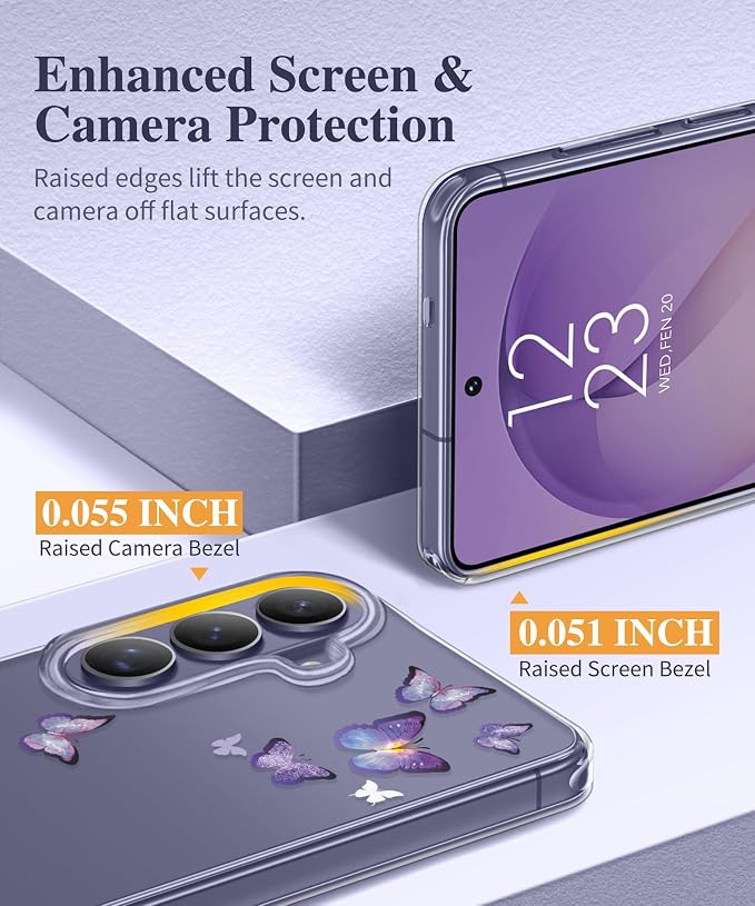 GVIEWIN for Samsung Galaxy S26 Case, Clear Floral Slim Shockproof Protective Women Phone Case, Non-Yellowing, with Screen Protector&Camera Lens Protector for Galaxy S26 6.3", Alluring Butterfly/Purple