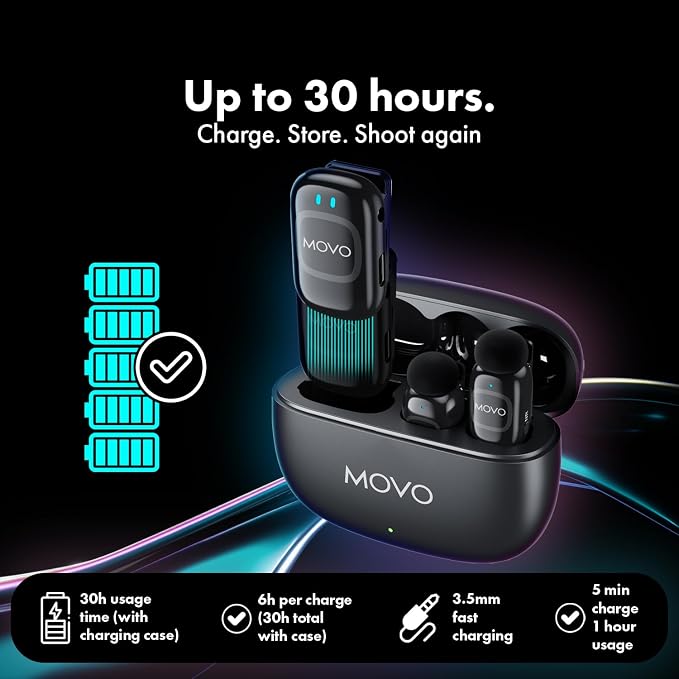 Movo NanoMic Wireless Lavalier Microphone for Camera – Clip-On TRS Wireless Mic System for DSLR, Camcorders, and Mirrorless Cameras – Dual Microphones with Charging Case for Video, Interviews