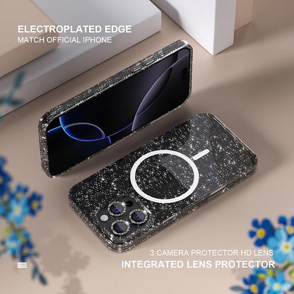 Choiche for iPhone 16 Pro Max Case Magnetic, Women Clear Glitter Bling Sparkly Case, [3xDiamond Camera Lens Protectors] [2xTempered Glass Screen Protectors] [Compatible MagSafe] 6.9"(Glitter Black)