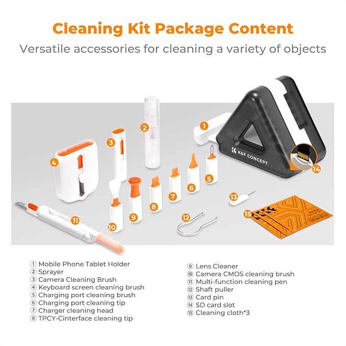 K&F Concept 25-in-1 Keyboard Cleaning Kit Laptop Cleaner - Multifunction Electronic Specialized Accessories Cleaner Set for iPhone AirPods MacBook iPad, Camera PC Monitor Earbud TV Tablet Screens