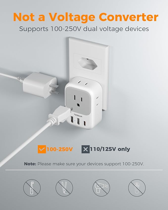 TESSAN Brazil Plug Adapter 2 Pack, 7 in 1 US to Brazil Power Adapter | 3 USB Ports (1 USB-C PD 20W Port) 4 American Outlets, Type N Travel Adaptor for USA to Brazilian