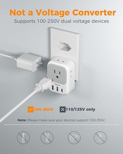 TESSAN Brazil Plug Adapter 2 Pack, 7 in 1 US to Brazil Power Adapter | 3 USB Ports (1 USB-C PD 20W Port) 4 American Outlets, Type N Travel Adaptor for USA to Brazilian
