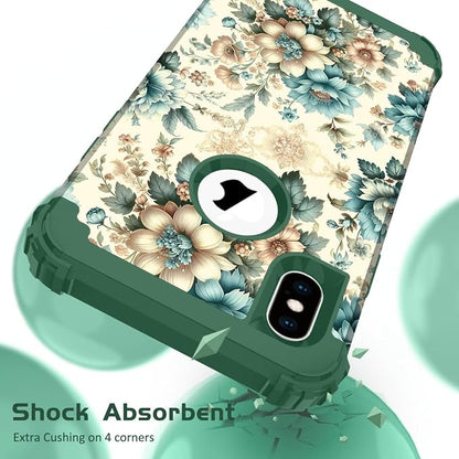 Hocase for iPhone Xs Max Case, Heavy Duty Shockproof Protection Soft Silicone Rubber+Hard Plastic Bumpers Hybrid Protective Case for iPhone Xs Max (6.5") 2018 - Teal Blue Flowers