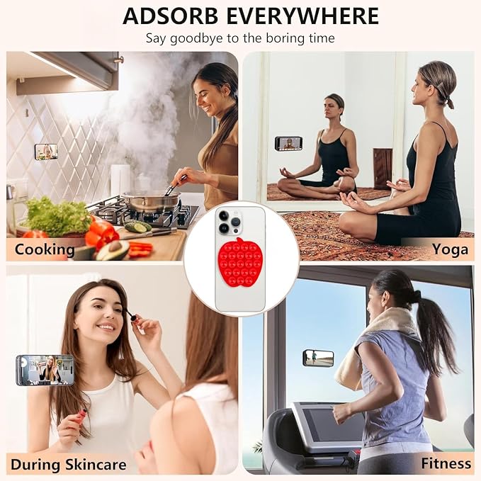 CIEO Silicone Phone Grip, 21 Suction Cups, Suitable for Selfies and Videos on Mirrors, bathrooms and Smooth Surfaces, Compatible with iPhone, Samsung(Apple Shaped, Red)