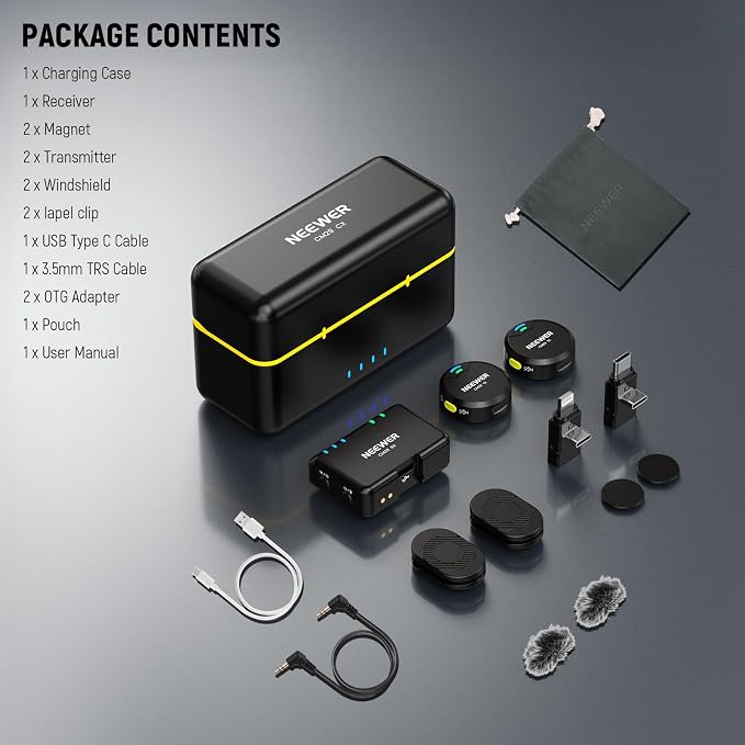 NEEWER CM29 Mini Wireless Microphone, 48KHz/24Bit Noise Cancelling Clip On Lav Mic, 25H Battery, 150m Range, Compatible with iPhone iPad Android DJI Insta360 Camera PC Mac (1RX+2TX+Charging Case)