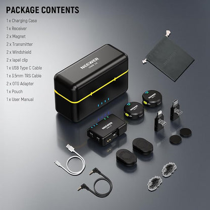 NEEWER CM29 Mini Wireless Microphone, 48KHz/24Bit Noise Cancelling Clip On Lav Mic, 25H Battery, 150m Range, Compatible with iPhone iPad Android DJI Insta360 Camera PC Mac (1RX+2TX+Charging Case)