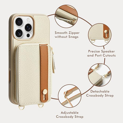 LAMEEKU for iPhone 16 Pro Max Wallet Case with Card Holder, Zipper Leather Crossbody Case with Kickstand Wrist Strap Cover with Phone Grip Holder 6.9 inch Beige