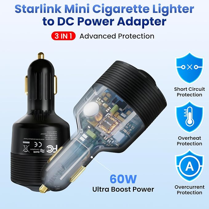 Starlink Mini Car Adapter 12V to 24V DC Step Up Converter with 60W Car Cigarette Lighter Adapter, Starlink Mini 12V Adapters Supports 16 AWG Official 30M, Ideal for RV, Boat, Trailer（Black）