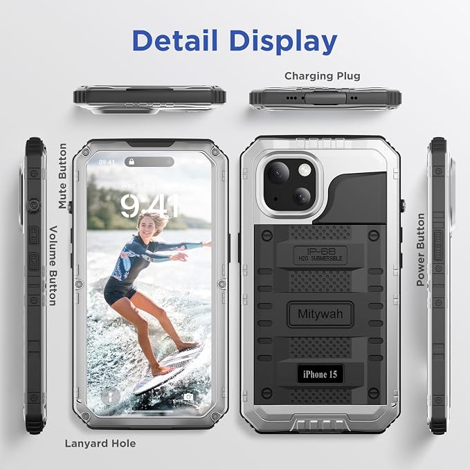Mitywah Waterproof Case for iPhone 15, Heavy Duty Shockproof Case with Built-in Screen Protector, Full Body Underwater Protective Metal Case 6.1 inch, Silver