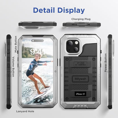 Mitywah Waterproof Case for iPhone 15, Heavy Duty Shockproof Case with Built-in Screen Protector, Full Body Underwater Protective Metal Case 6.1 inch, Silver