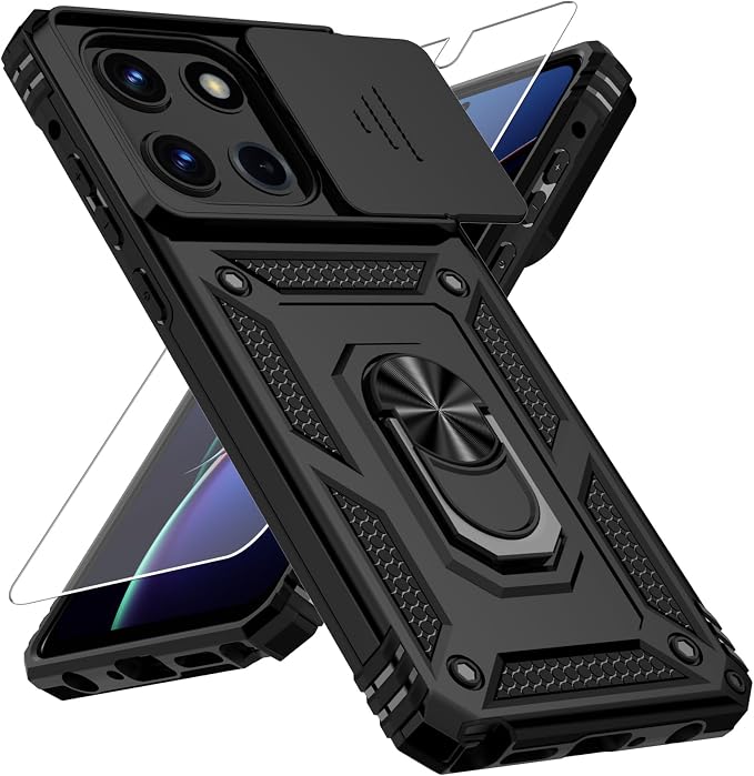 Weycolor for Moto G Stylus 2025 Case with Camera Lens Cover, HD Screen Protector, 10 FT Military Grade Drop Protection, Magnetic Ring Holder Kickstand Protective Phone Case, Black