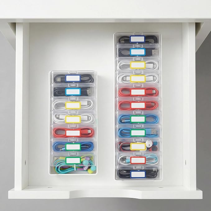 KUGUA 2 Pack Cable Organizer Box Set with 7 and 11 Clear Cases for Charging Cables, Chargers, Earphones and Small Accessories, Includes Cable Ties and Labels for Home, Desk and Drawer