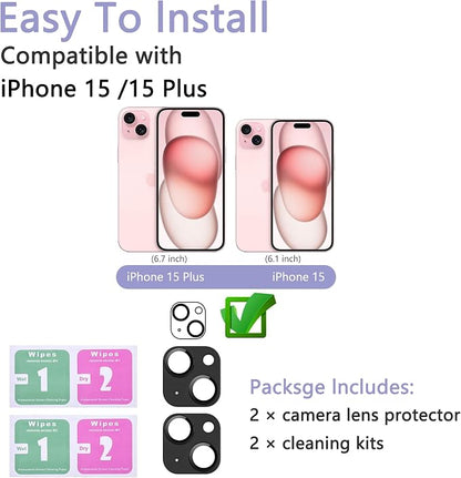 2 Pack Camera Lens Protector for iPhone 15/15 Plus,[Not Easy to Breakn ] AR Tempered Glass Strong Adsorption Metal Camera Cover Screen-Black