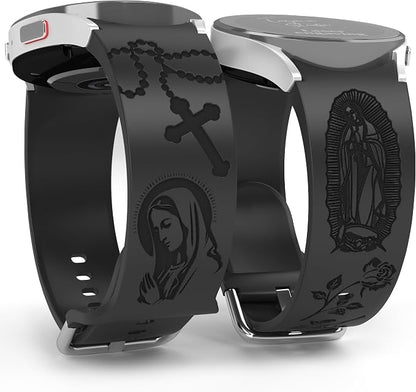 Virgin Mary Lady of Guadalupe Band Compatible with Samsung Galaxy Watch Laser Engraved Silicone 20mm Strap 7/6/5/4 40mm 44mm/Watch 6 Classic Watch 4 46mm 42mm Jesus God Wristband Religious (Black)