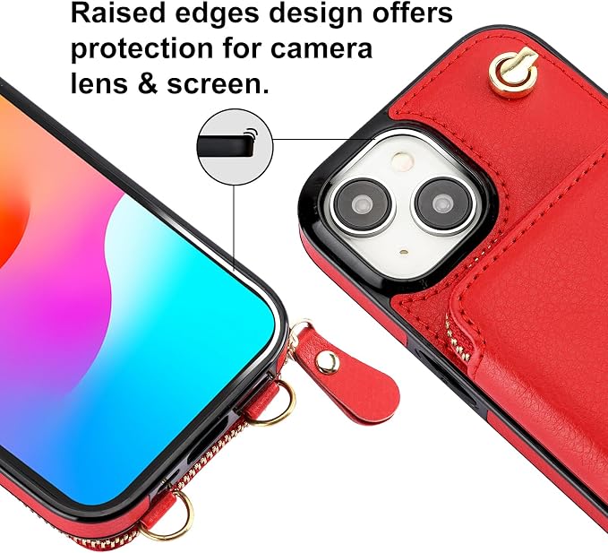 Bocasal Crossbody Wallet Case for iPhone 15, RFID Blocking Leather Purse Case with Card Holder, Protective Handbag Flip Cover with Zipper Wrist Strap Lanyard for Women 5G 6.1 Inch (Red)