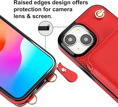 Bocasal Crossbody Wallet Case for iPhone 15, RFID Blocking Leather Purse Case with Card Holder, Protective Handbag Flip Cover with Zipper Wrist Strap Lanyard for Women 5G 6.1 Inch (Red)