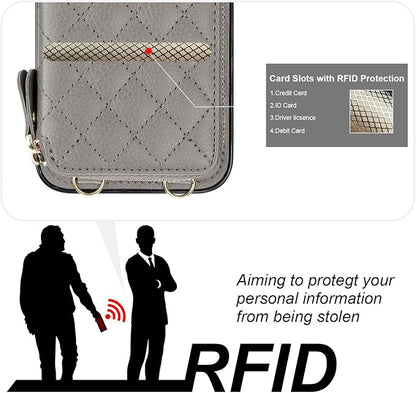 Bocasal Crossbody Wallet Case for iPhone 12 Pro Max, RFID Blocking PU Leather Zipper Handbag Purse Flip Cover, Kickstand Folio Case with Card Slots Holder Wrist Strap Lanyard 5G 6.7 Inch (Grey)