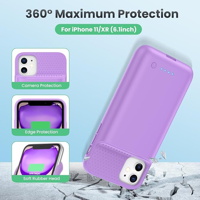 Battery Case for iPhone 11/XR, 7500mAh Ultra-Slim Portable Charging Case Rechargeable Protective Battery Pack for iPhone 11 and iPhone XR External Charger Case 6.1 Inch-Purple