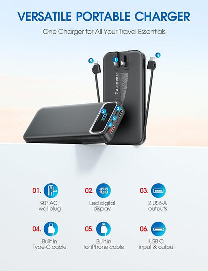 Nusyddy Portable Charger 12000mAh 22.5W w/Built-in Cables & Wall Plug Black | 22.5W Fast Charging, LED Display, Pass Through Charging, TSA Approved, Portable & Slim, Power Bank for iPhone, iPad, Samsung